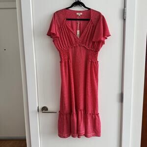 New Max Studio Flounce Midi Dress Red Polka Tiered Smocked Flutter Sleeve Sz L